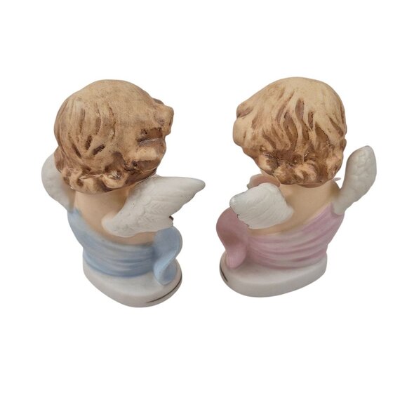 Tilso Cherub Angel Pair Figurines Bisque Porcelain Pink Blue Flowers 1958 - Picture 3 of 10
